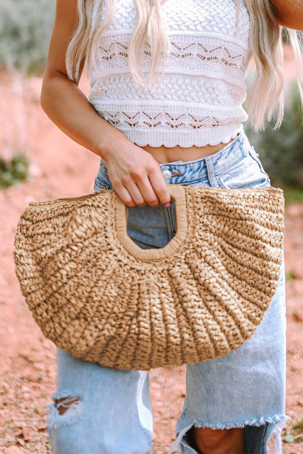 Semi-circle Braided Straw Bag 46*5*30cm