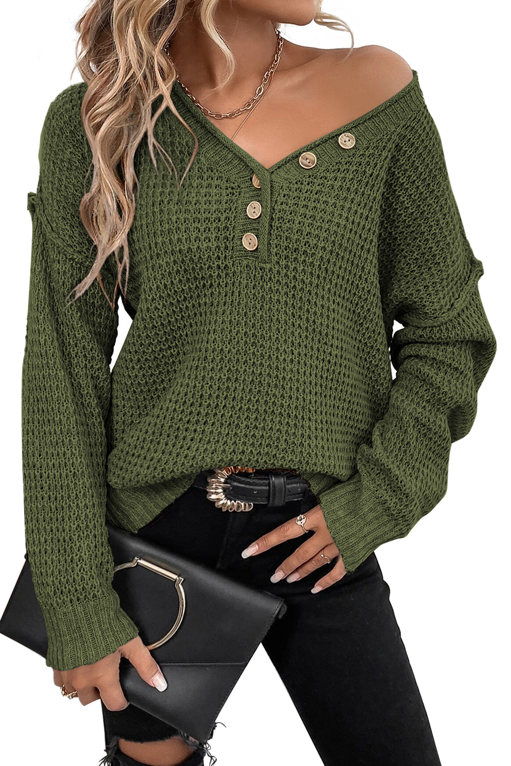 Coffee Pointelle Knit Button V Neck Drop Shoulder Sweater