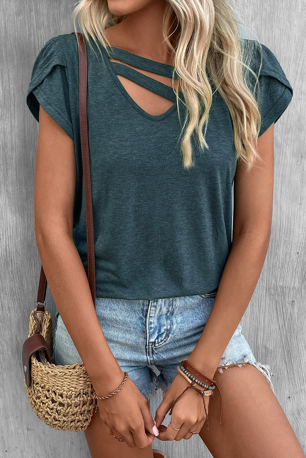 Green Strappy V Neck Overlap Short Sleeve Top