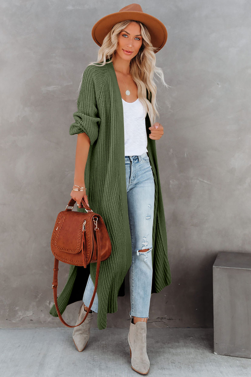 Green Open Front Side Slit Duster Knit Cardigan