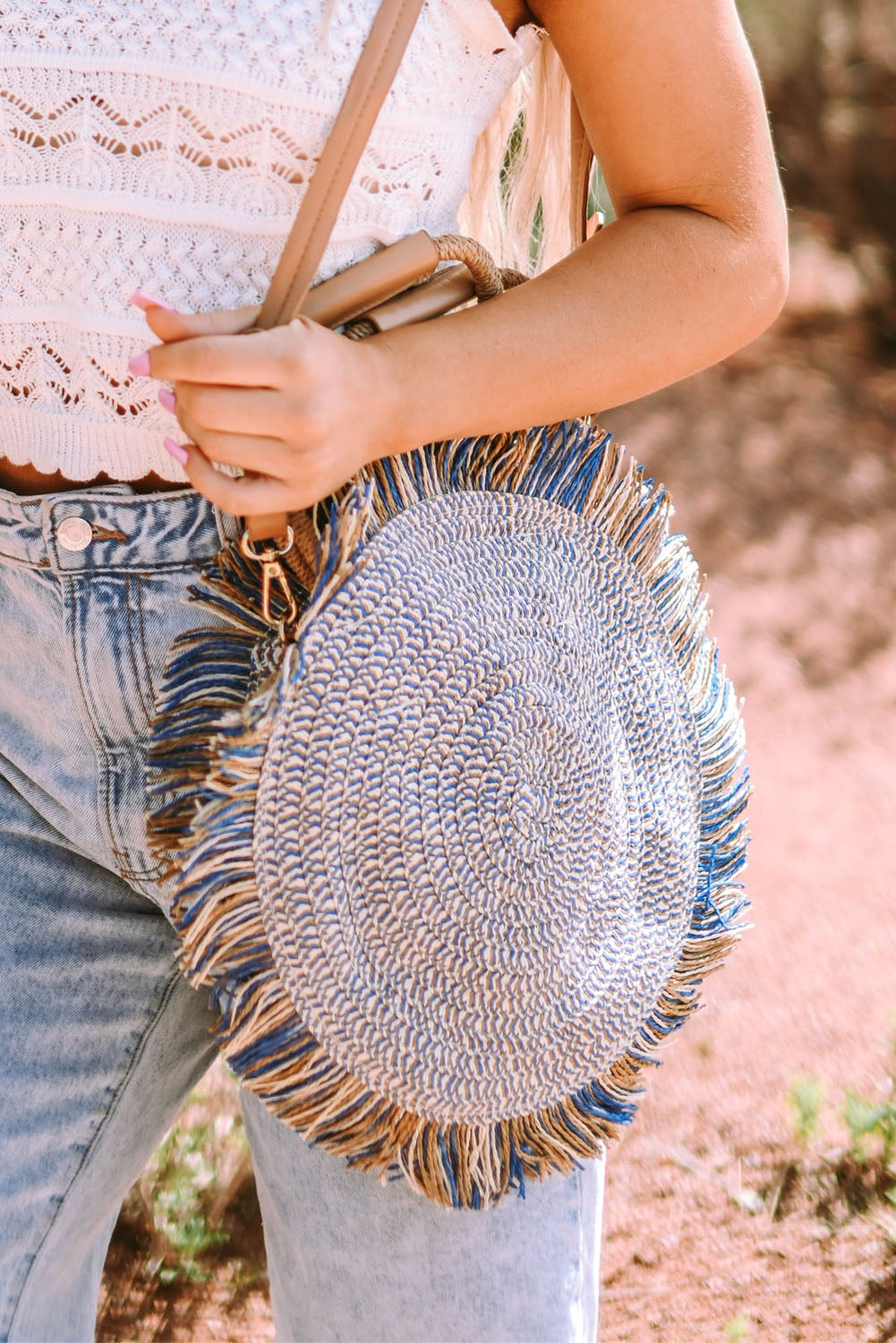 Retro Straw Woven Fringed Round Shoulder Bag