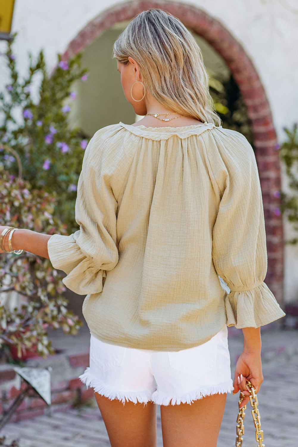 Textured Ruffled 3/4 Sleeve Drawstring V Neck Top