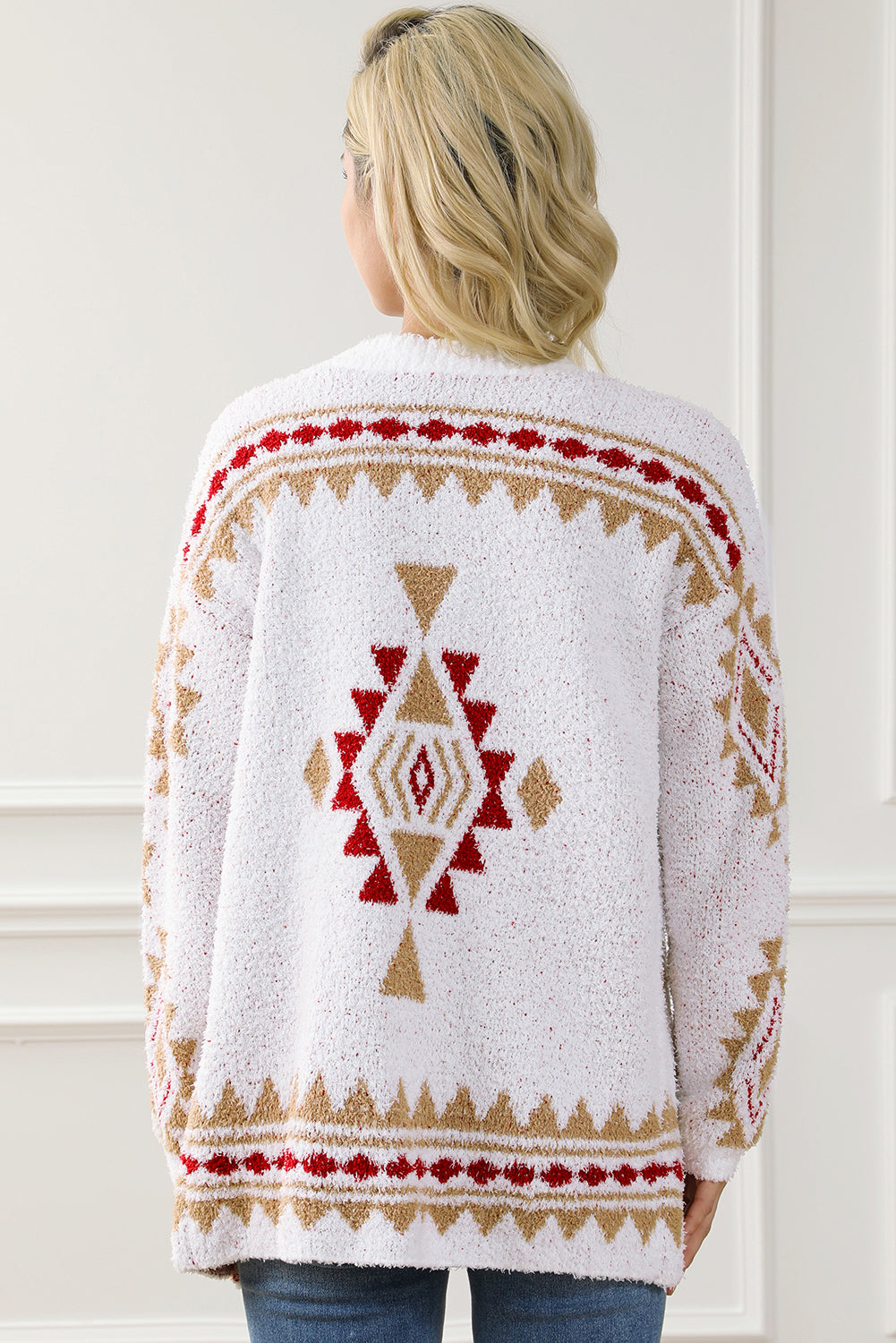 White Aztec Pattern Open Knitted Cardigan
