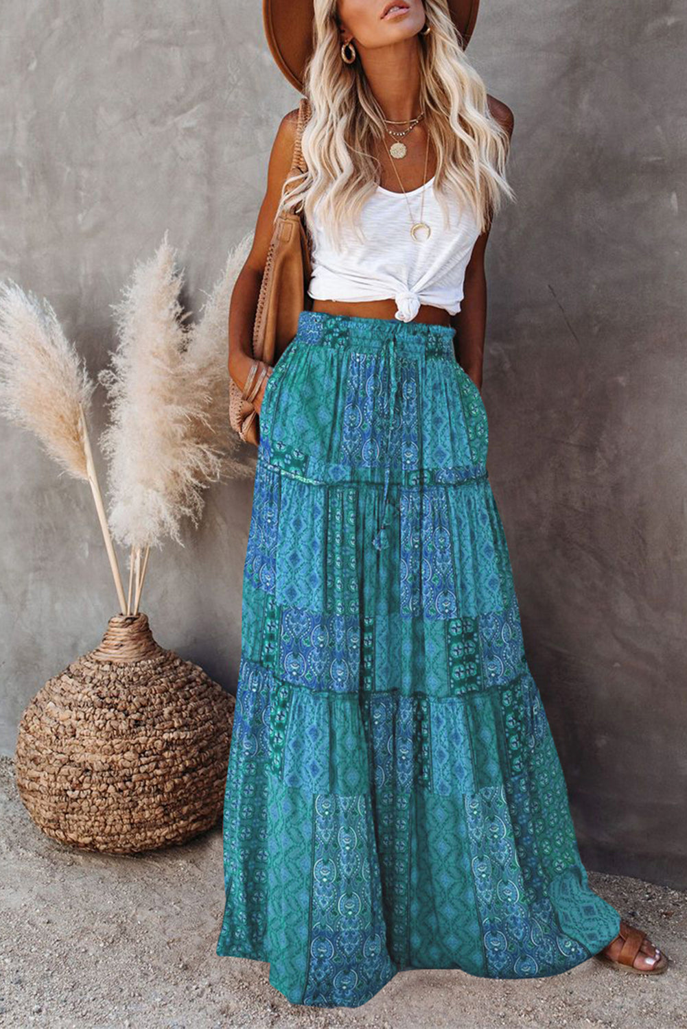 Tiered Paisley Print Pocketed Maxi Skirt