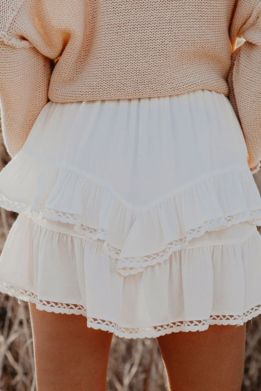Solid Color High Waist Tiered Crochet Ruffle Mini Skirt