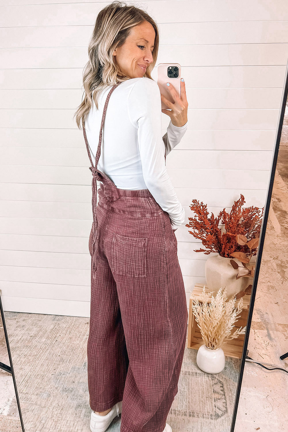 Fiery Red Textured Shoulder Straps Pocketed Overalls