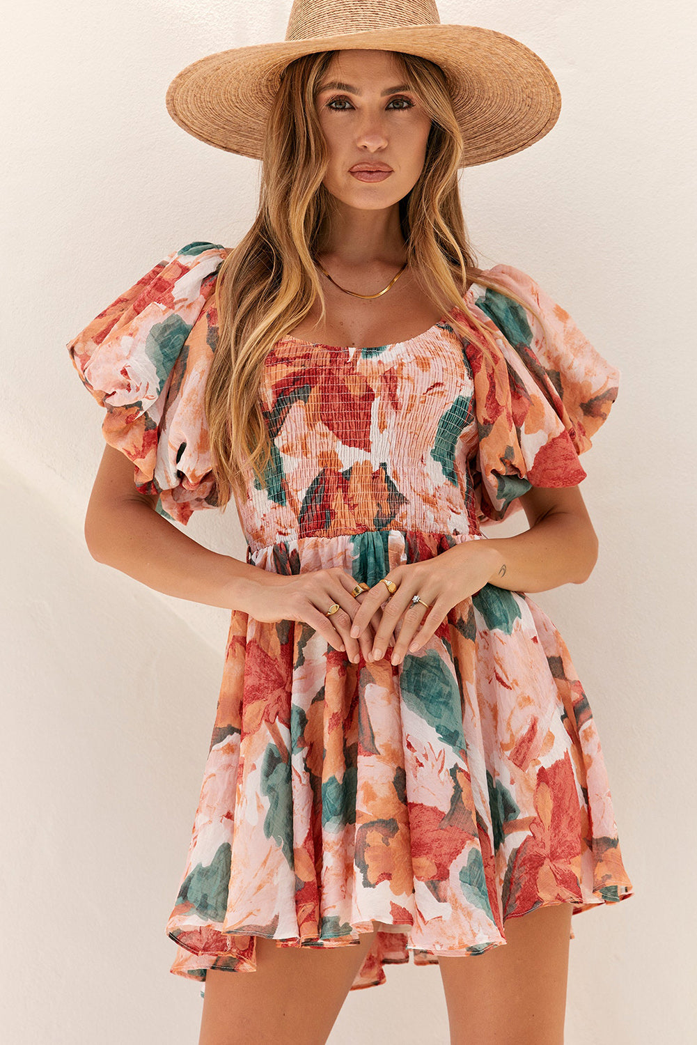 Multicolor Oil Painting Floral Print Smocked Ruffle Dress