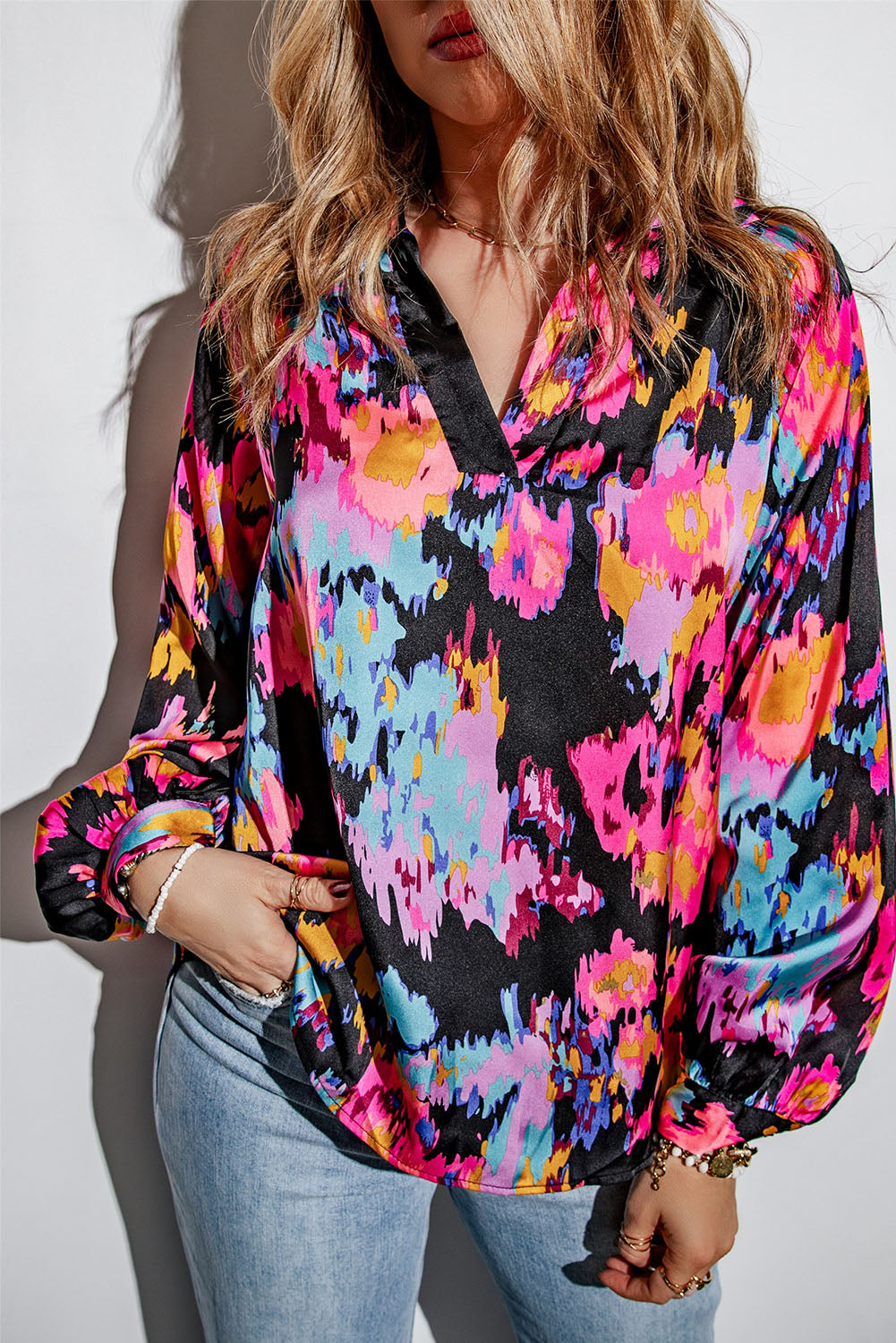 Graffiti Printed V Neck Puff Sleeve Blouse