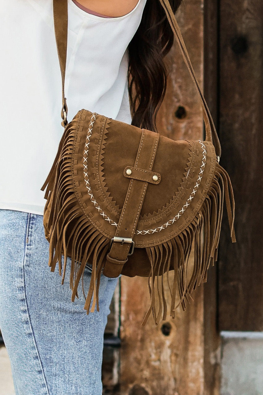 Faux Suede Fringe Retro Saddle Bag