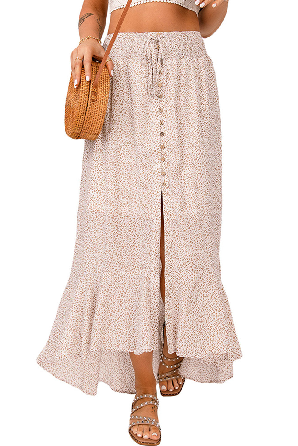 Floral Print Buttons Flounce Side Slit High Waist Maxi Skirts