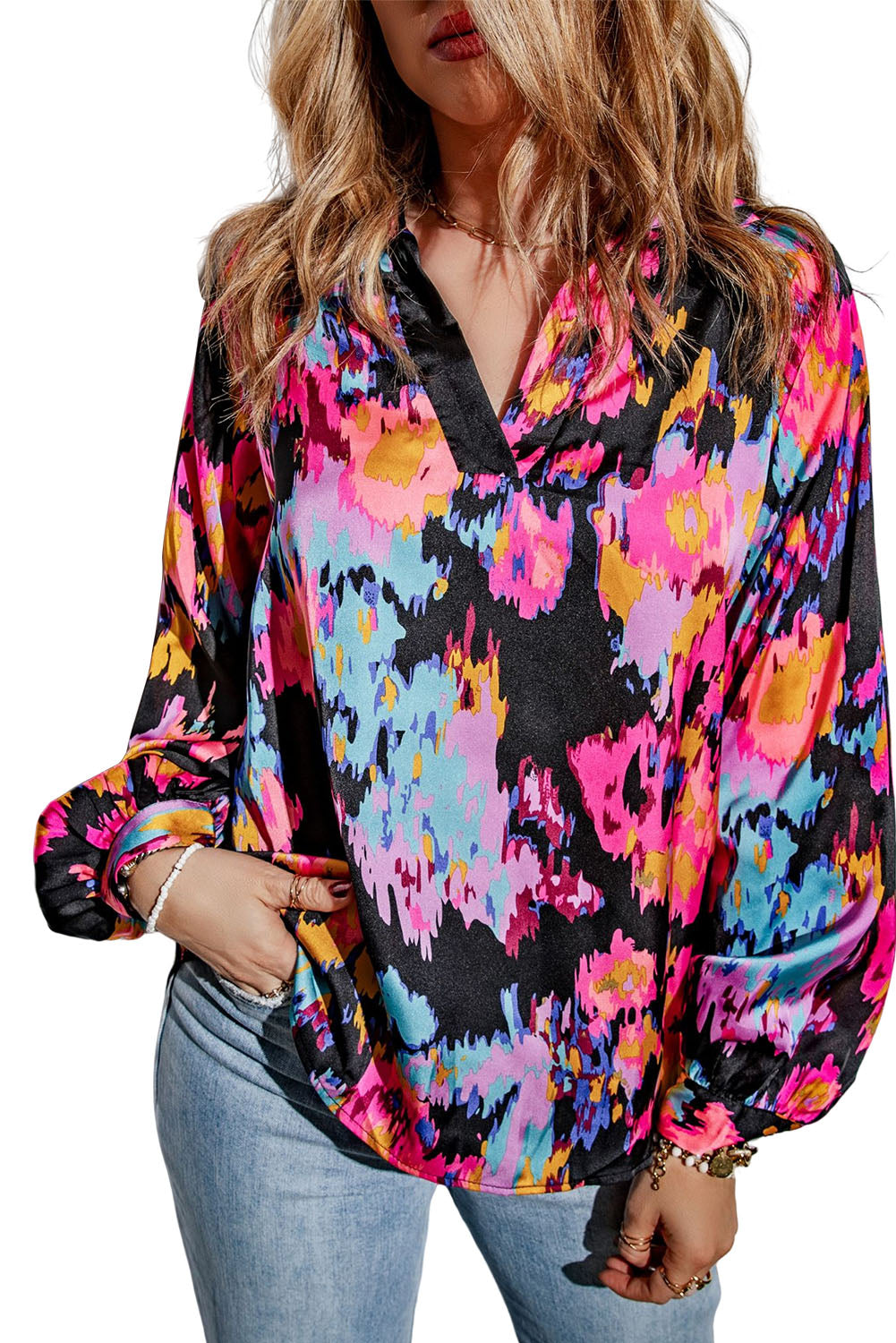 Graffiti Printed V Neck Puff Sleeve Blouse