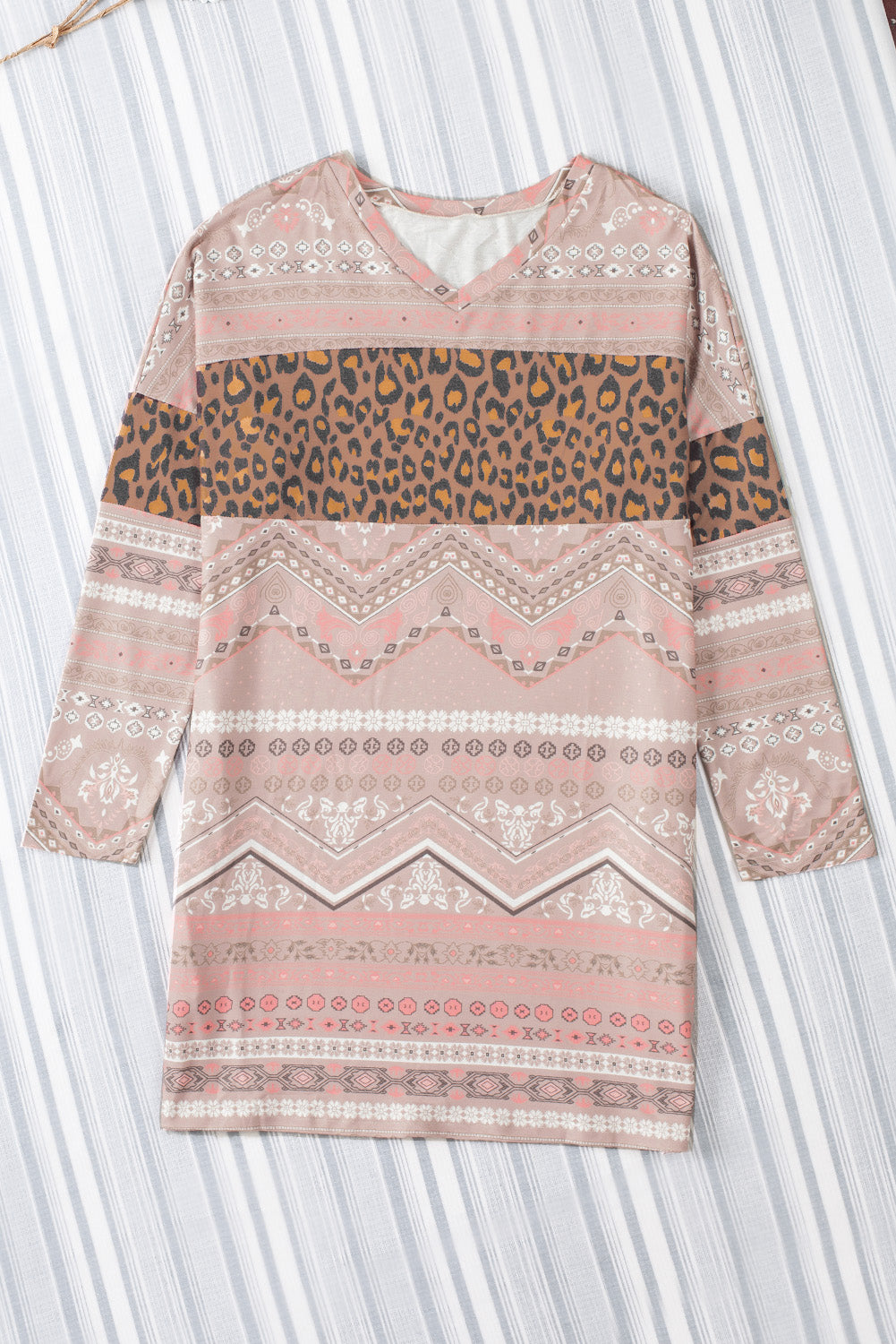 Khaki Khaki Leopard Geometric Color Block Plus Size Mini Dress