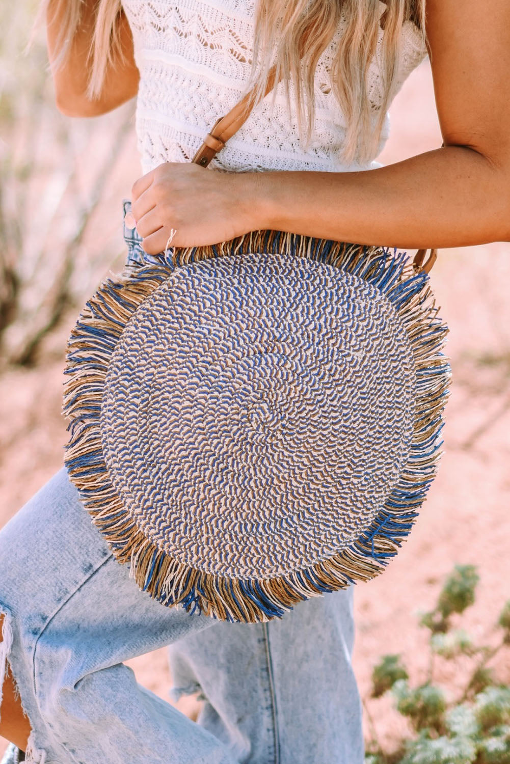 Retro Straw Woven Fringed Round Shoulder Bag
