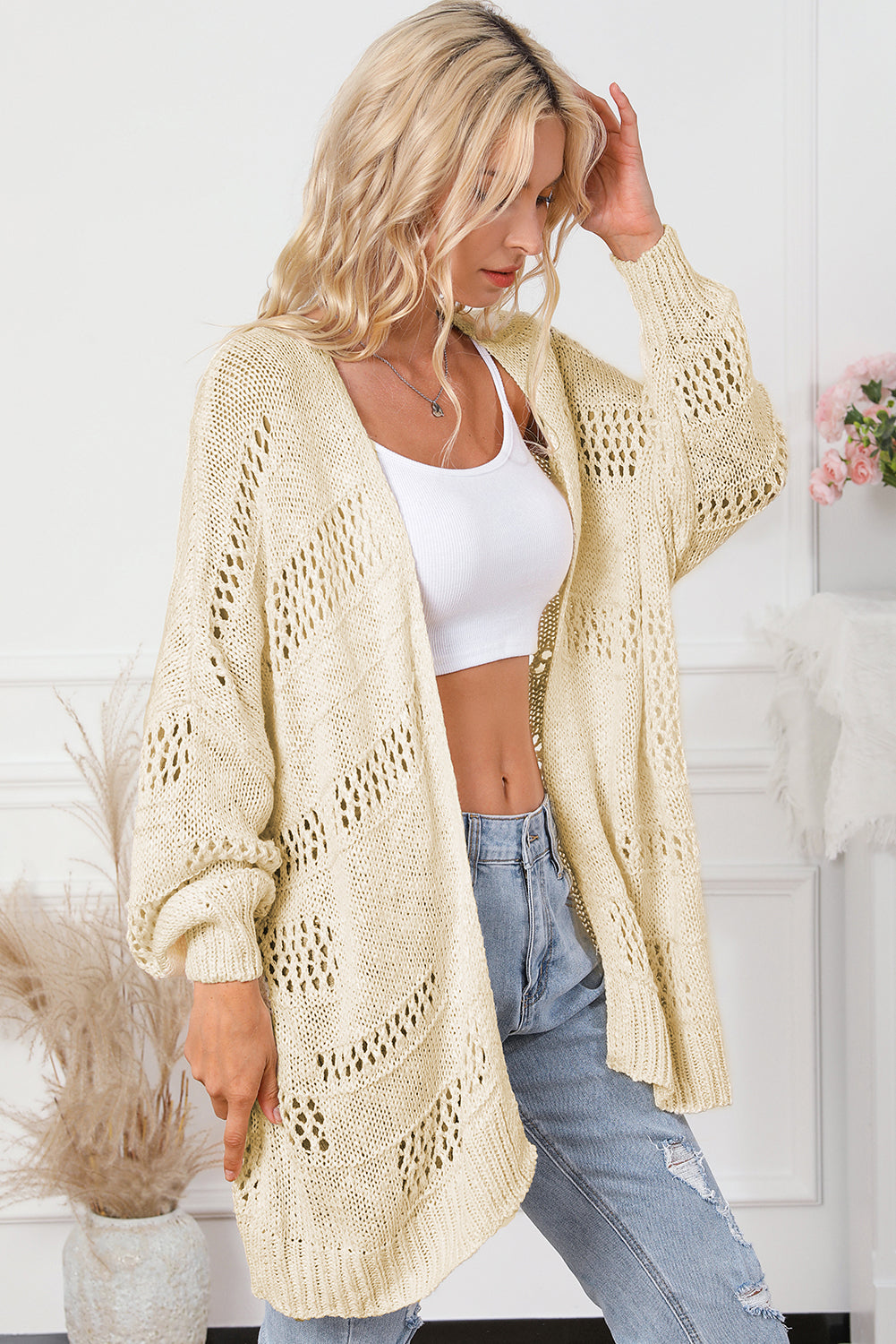 Pink Casual Hollowed Knit Dolman Sleeve Cardigan