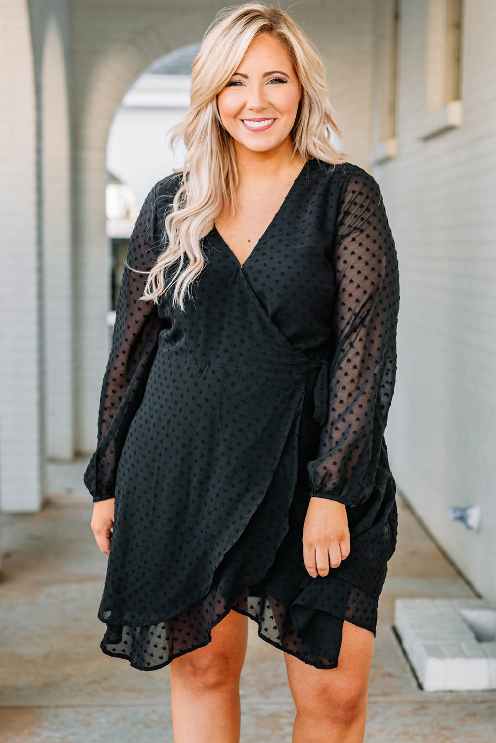 Plus Size Swiss Dot V Neck Wrap Long Sleeve Dress