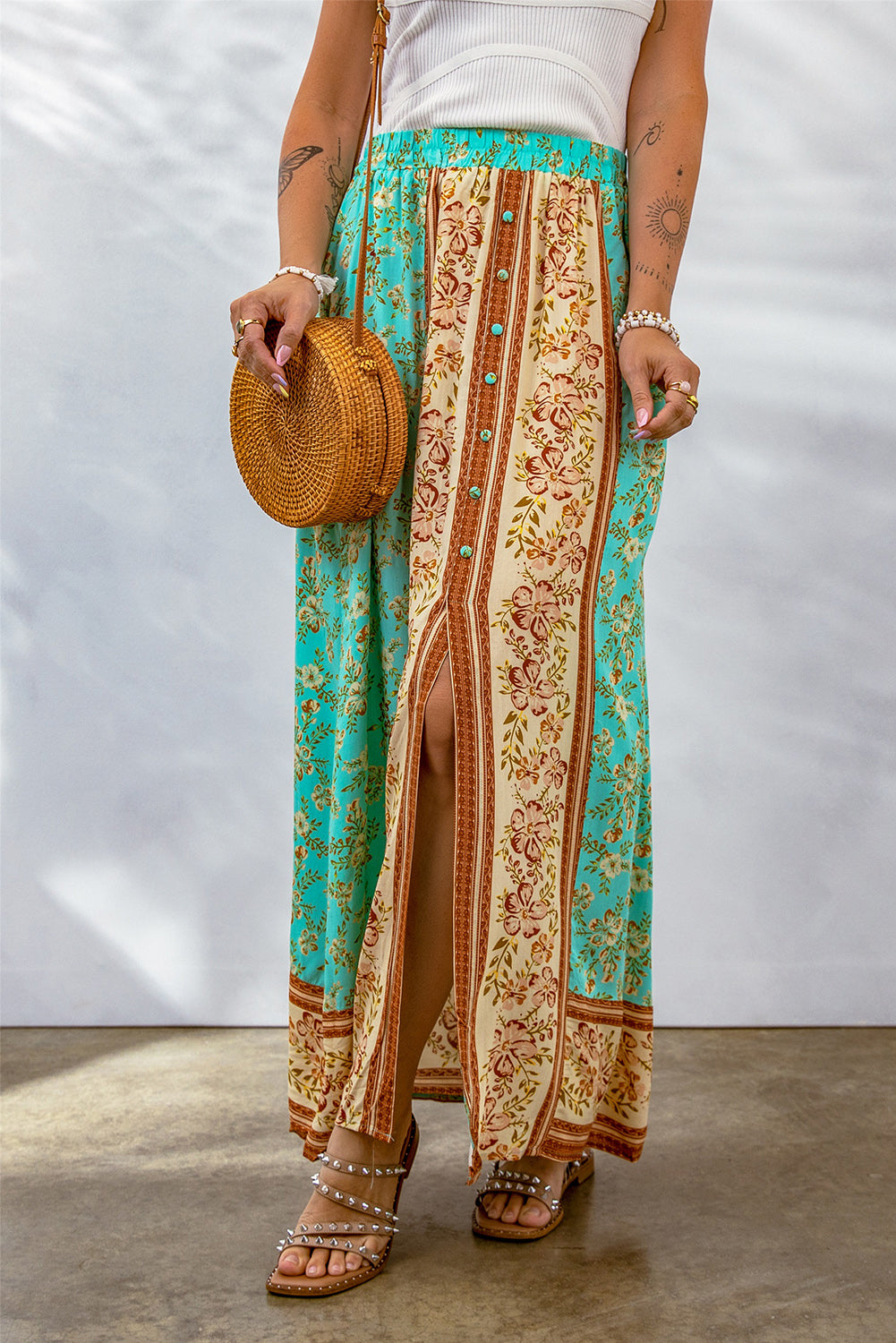 Boho Contrast Color Floral Print Button Slit Maxi Skirt