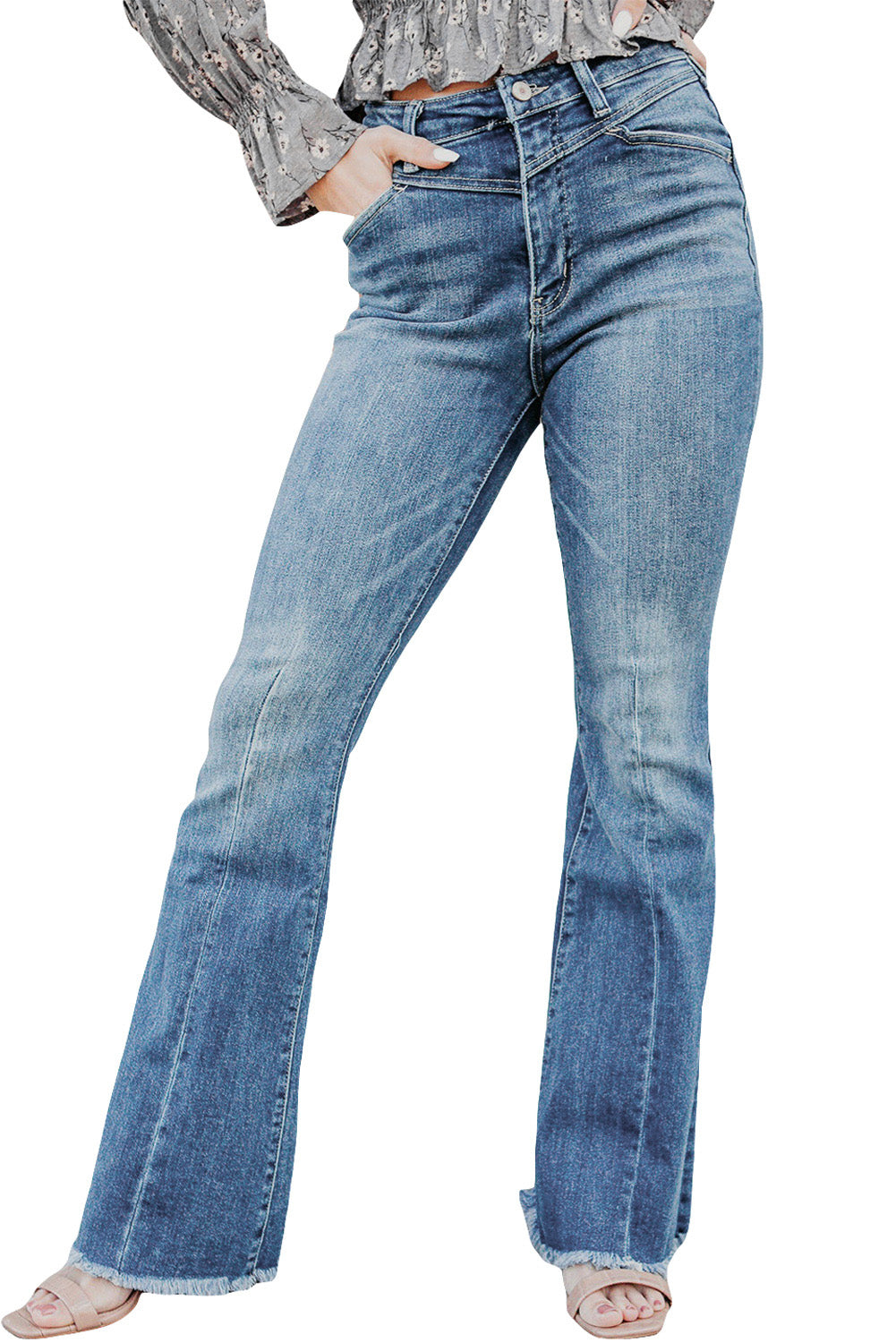 Seamed Raw Hem High Rise Flare Jeans