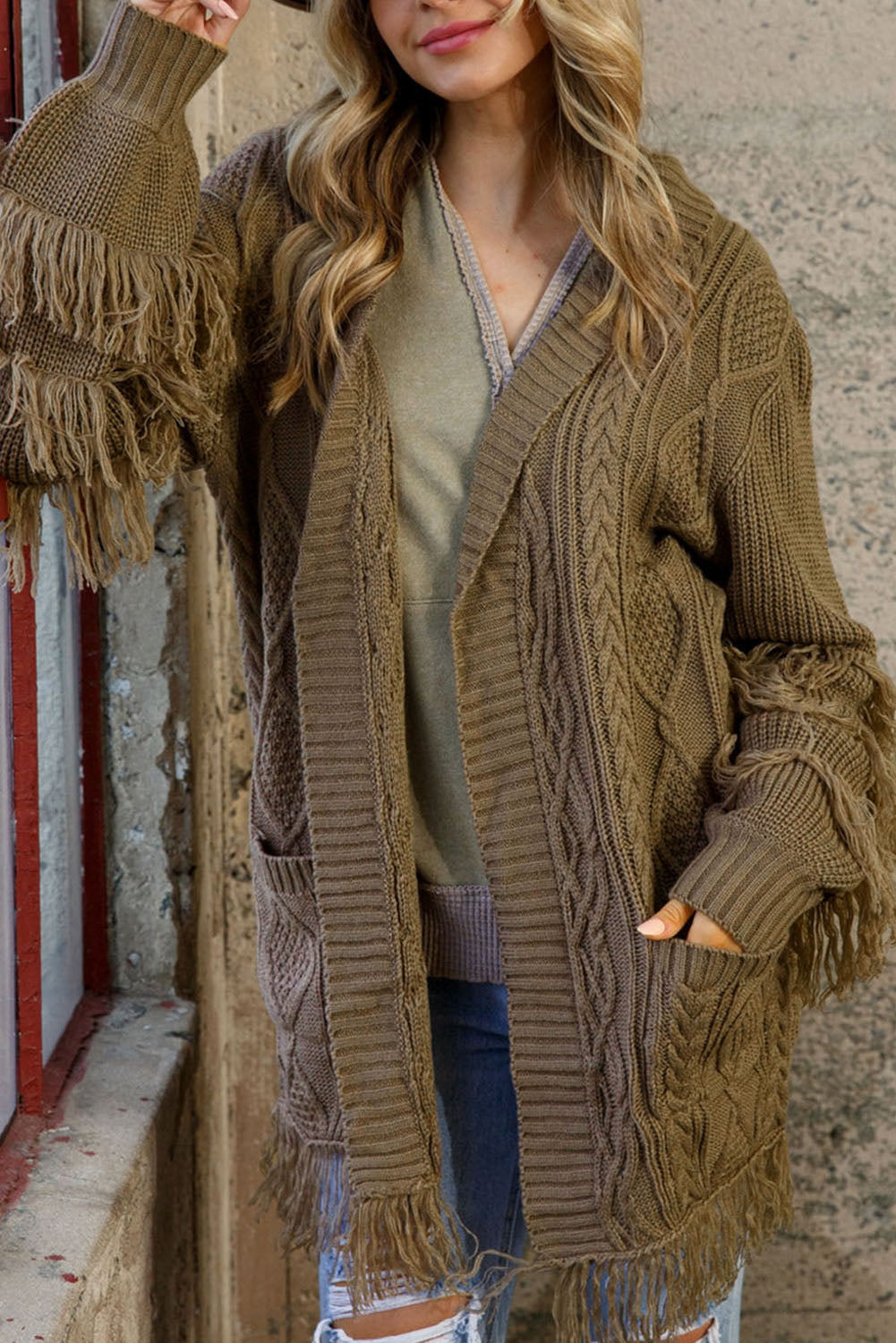 Fringe Trim Cable Knit Open Cardigan