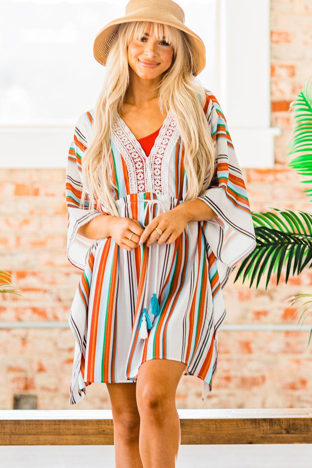 Multicolor Striped Lace V Neck Wide Sleeves Cinched Swimsuit Cover up