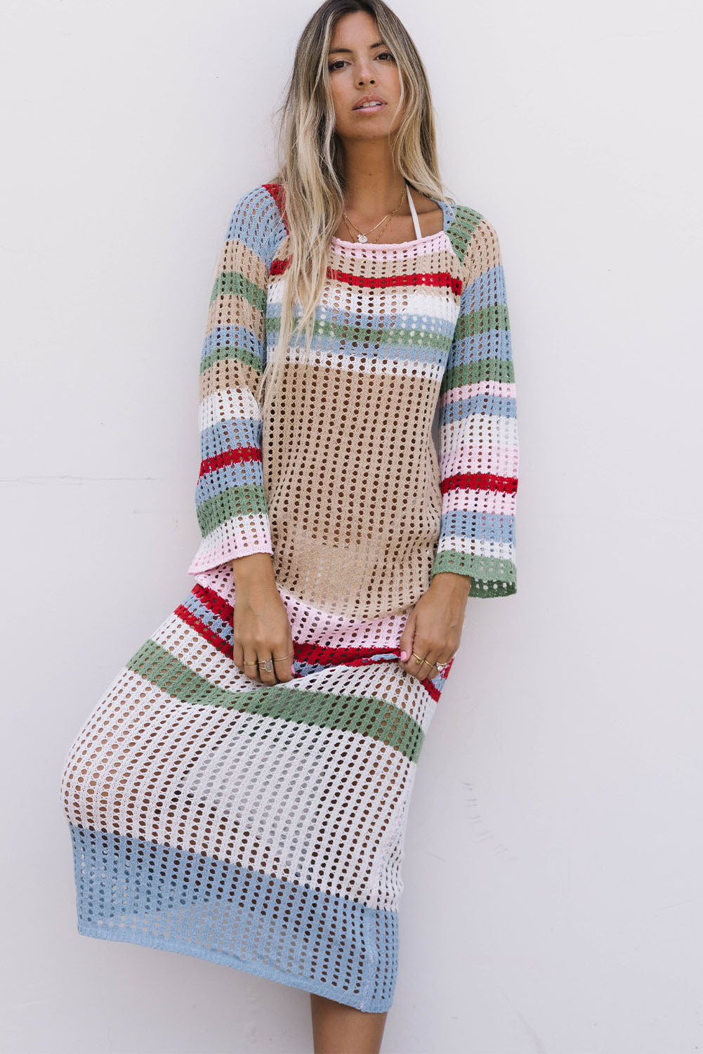 Hollow Out Knit Striped Bell Sleeve Beach Cover Up