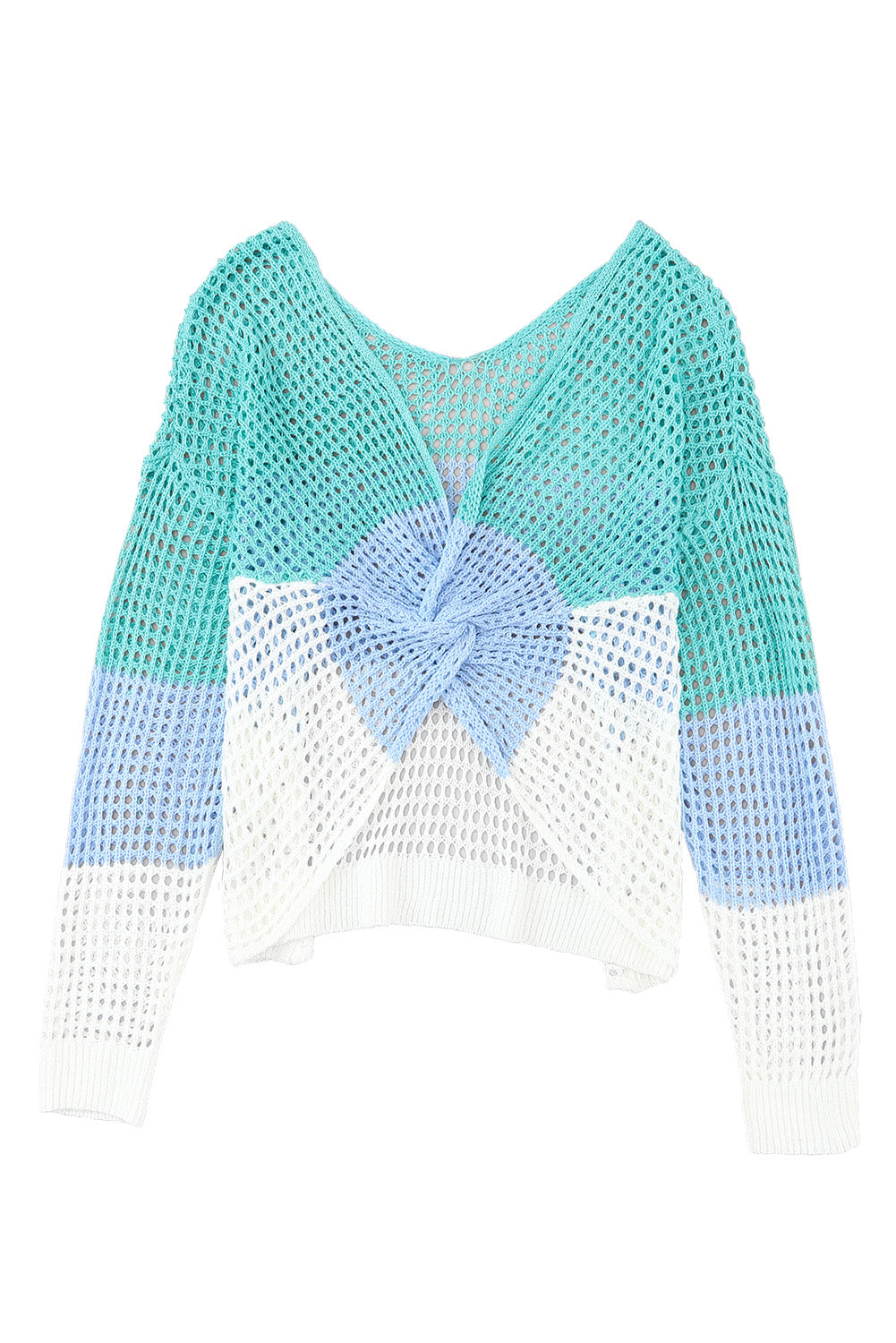 Multicolor Color Block Eyelet Long Sleeve Twisted Back Knit Top