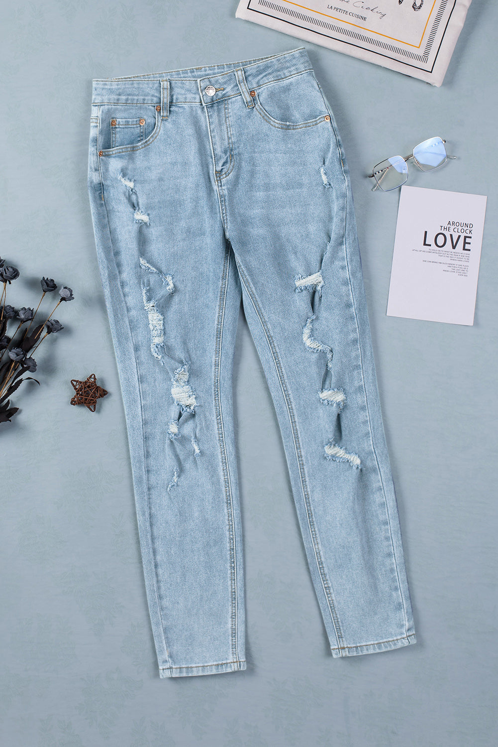 Light Wash Distressed Straight Jeans