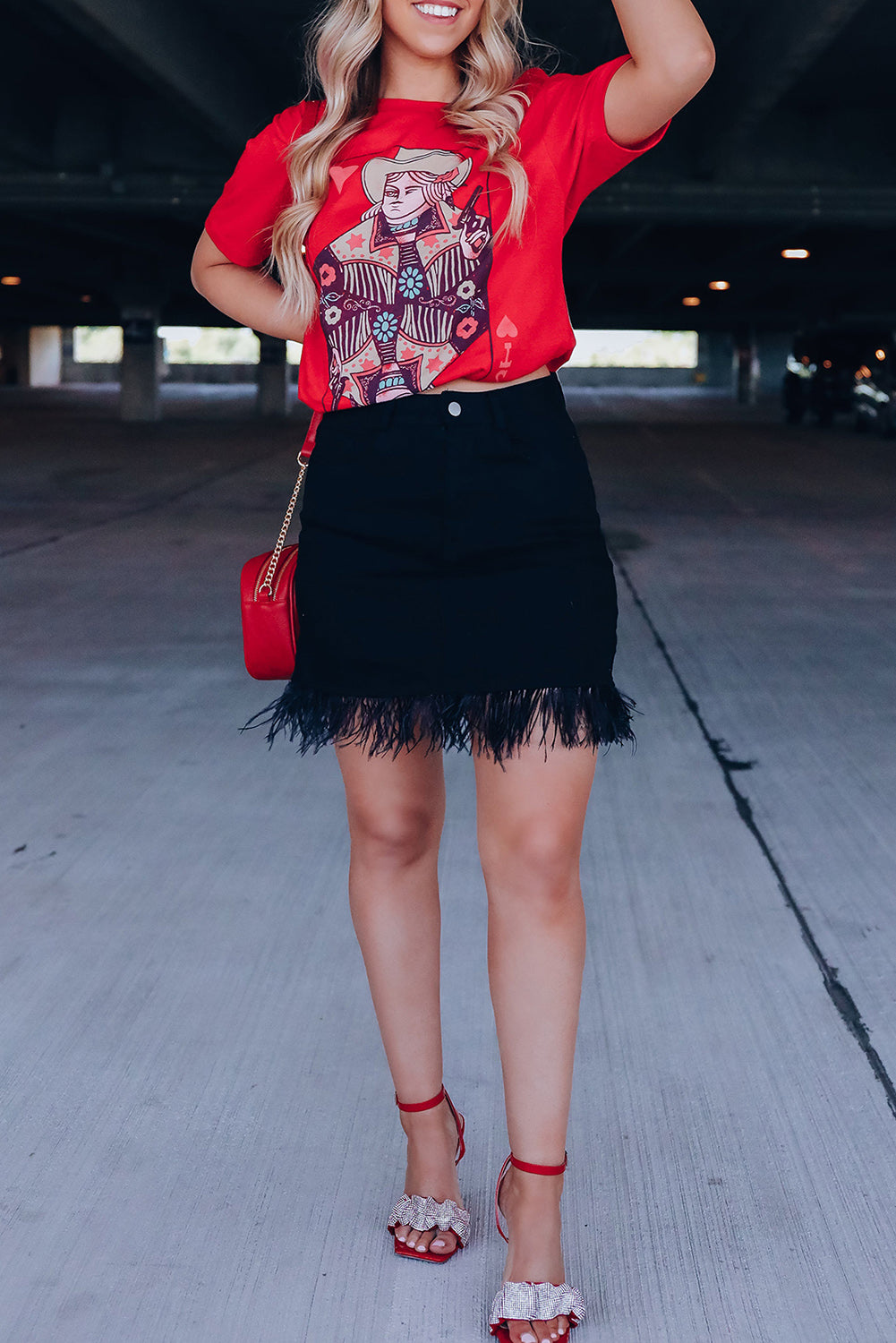 Feather Fringed Denim Skirt