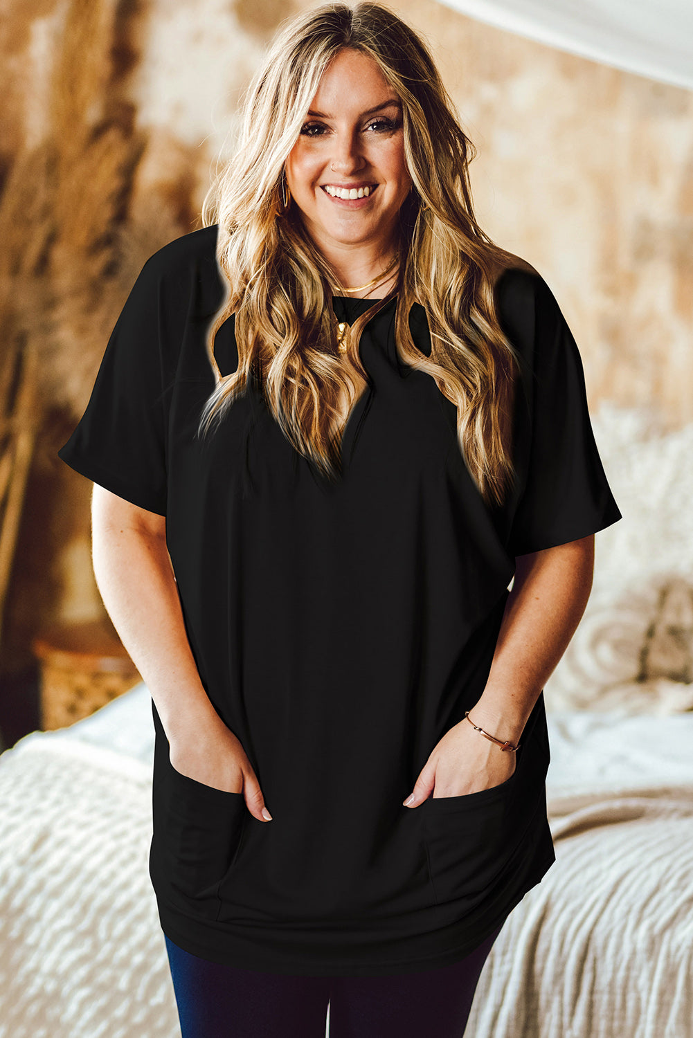 Side Pockets Short Sleeve Tunic Top