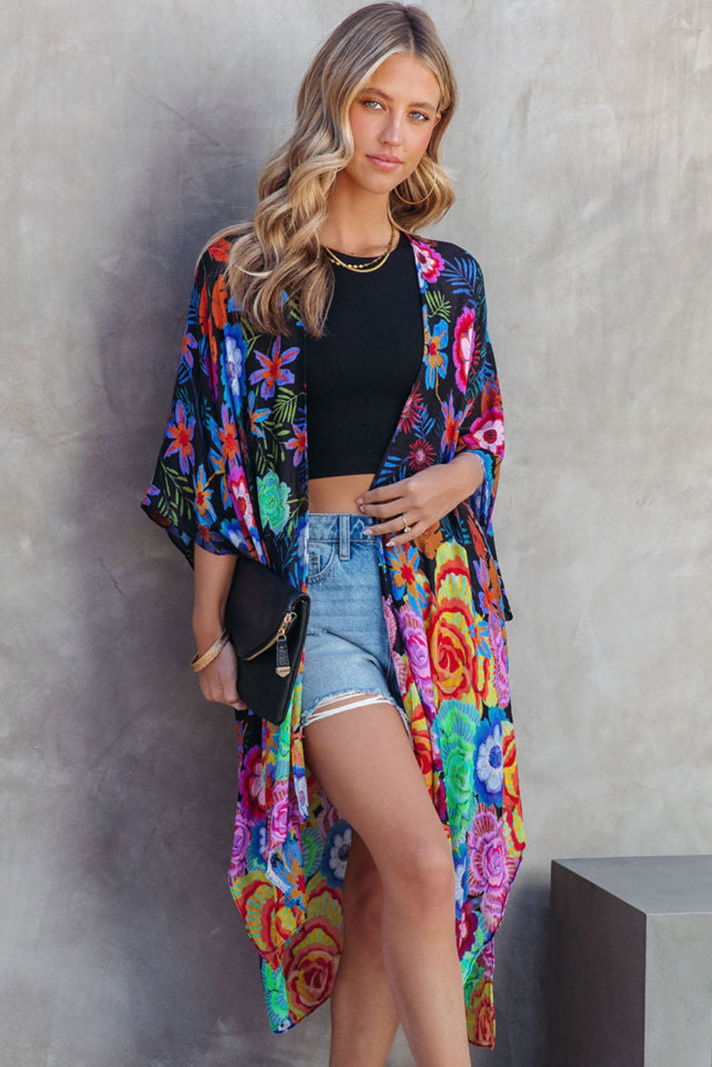 Multicolor Bohemian Floral Print Half Sleeve Open Front Kimono