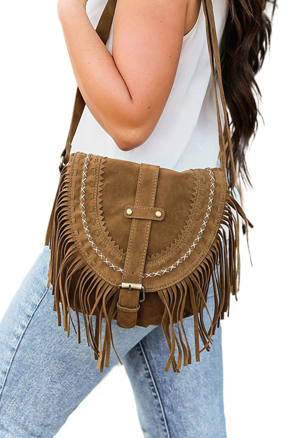 Faux Suede Fringe Retro Saddle Bag