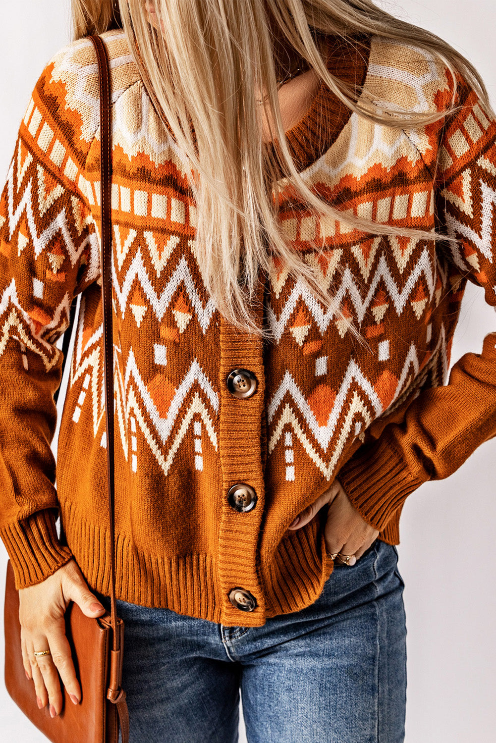 Geometric Pattern Buttoned Knit Cardigan