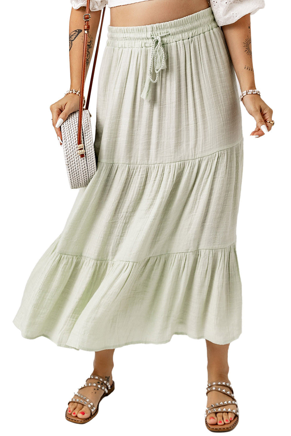 Drawstring High Waist Tiered Long Skirt