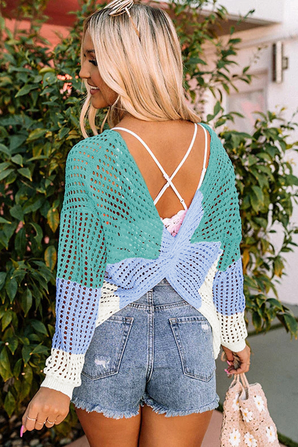 Multicolor Color Block Eyelet Long Sleeve Twisted Back Knit Top