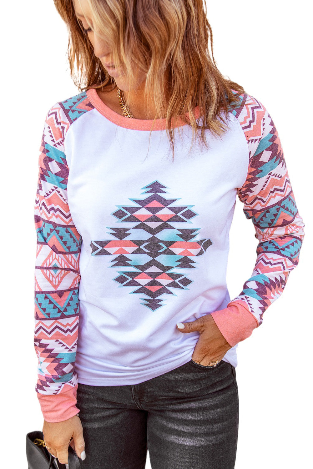 Western Fashion Tribal Aztec Print Raglan Sweatshirt