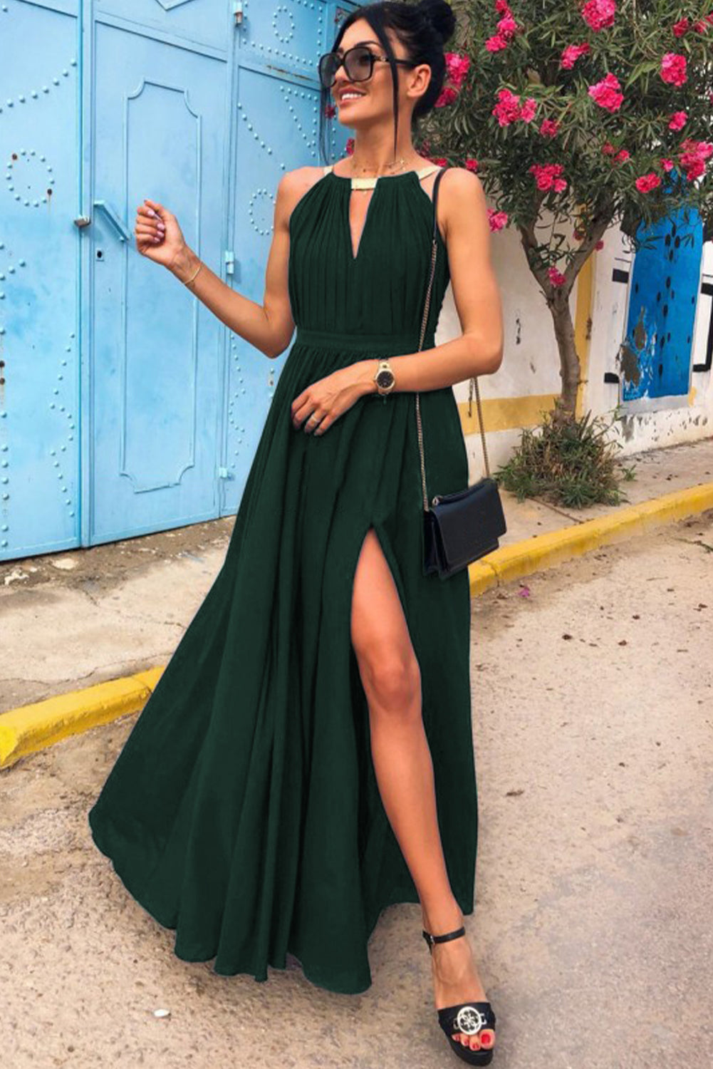 Glitter Trim Cutout Strapless Slit Party Dress