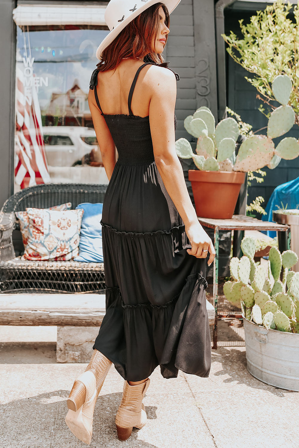 Tie Strap Smocked Frill Tiered Midi Dress