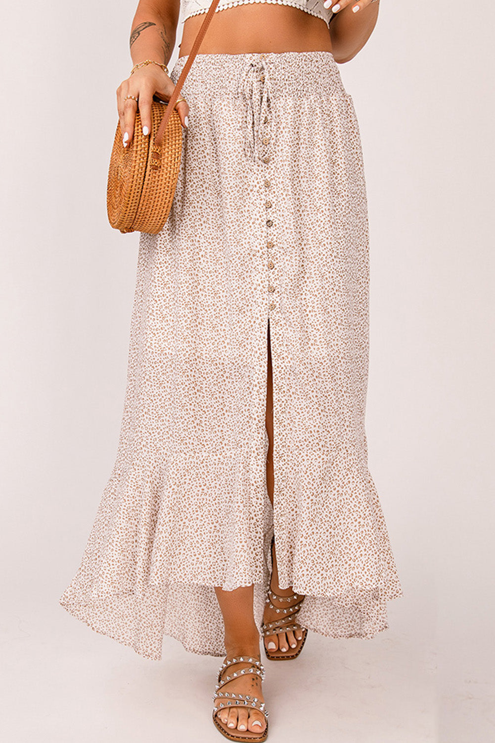 Floral Print Buttons Flounce Side Slit High Waist Maxi Skirts