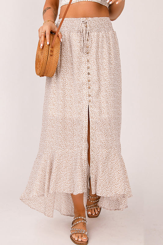 Floral Print Buttons Flounce Side Slit High Waist Maxi Skirts