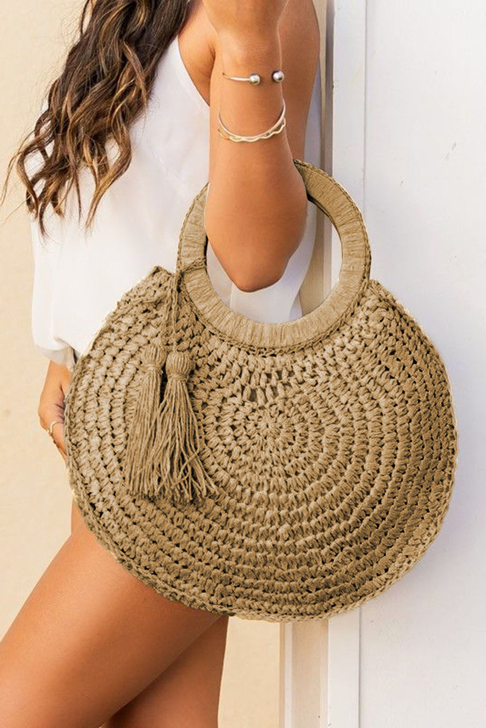 Tassel Braided Round Straw Satchel 35*10*35