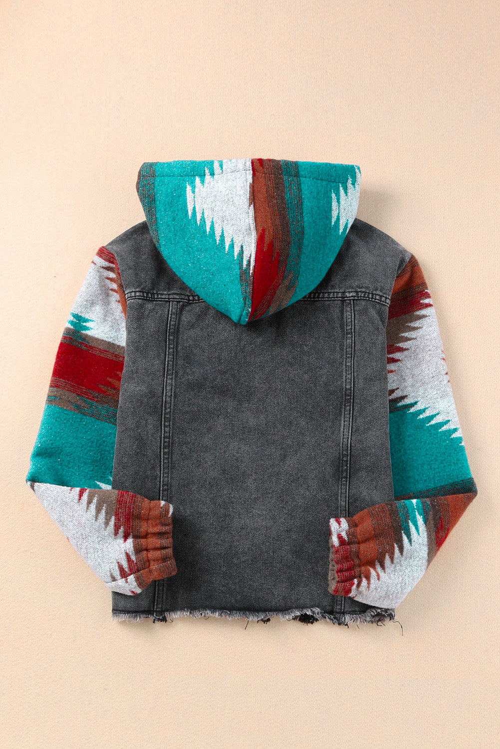 Multicolor Aztec Print Frayed Hem Denim Jacket