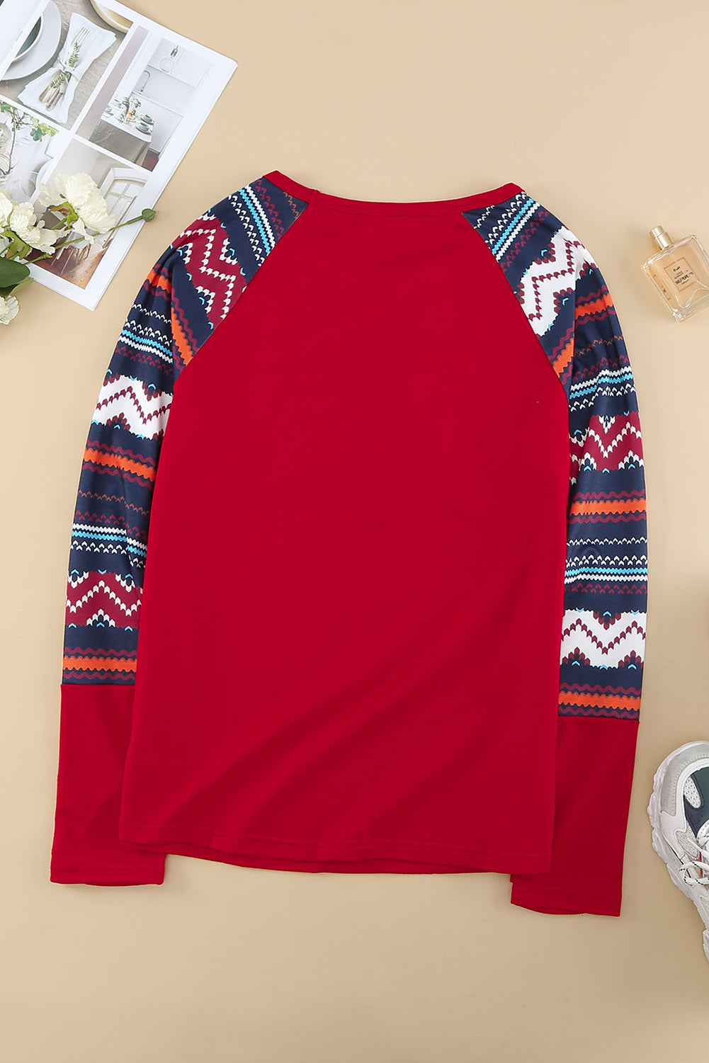 Raglan Sleeve Aztec Geometric Patchwork Top with Pocket