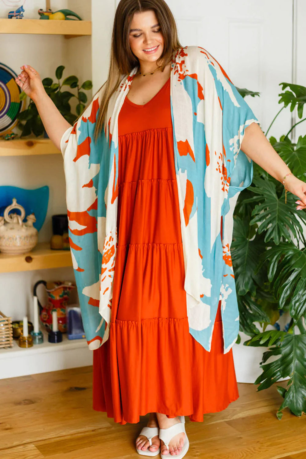 Plus Size Abstract Print Sweeping Kimono