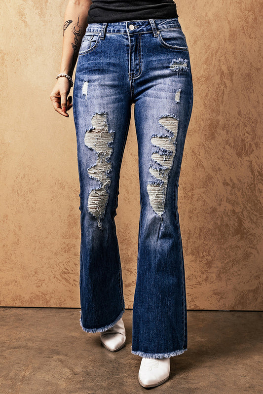 Distressed Raw Hem High Waist Flare Jeans