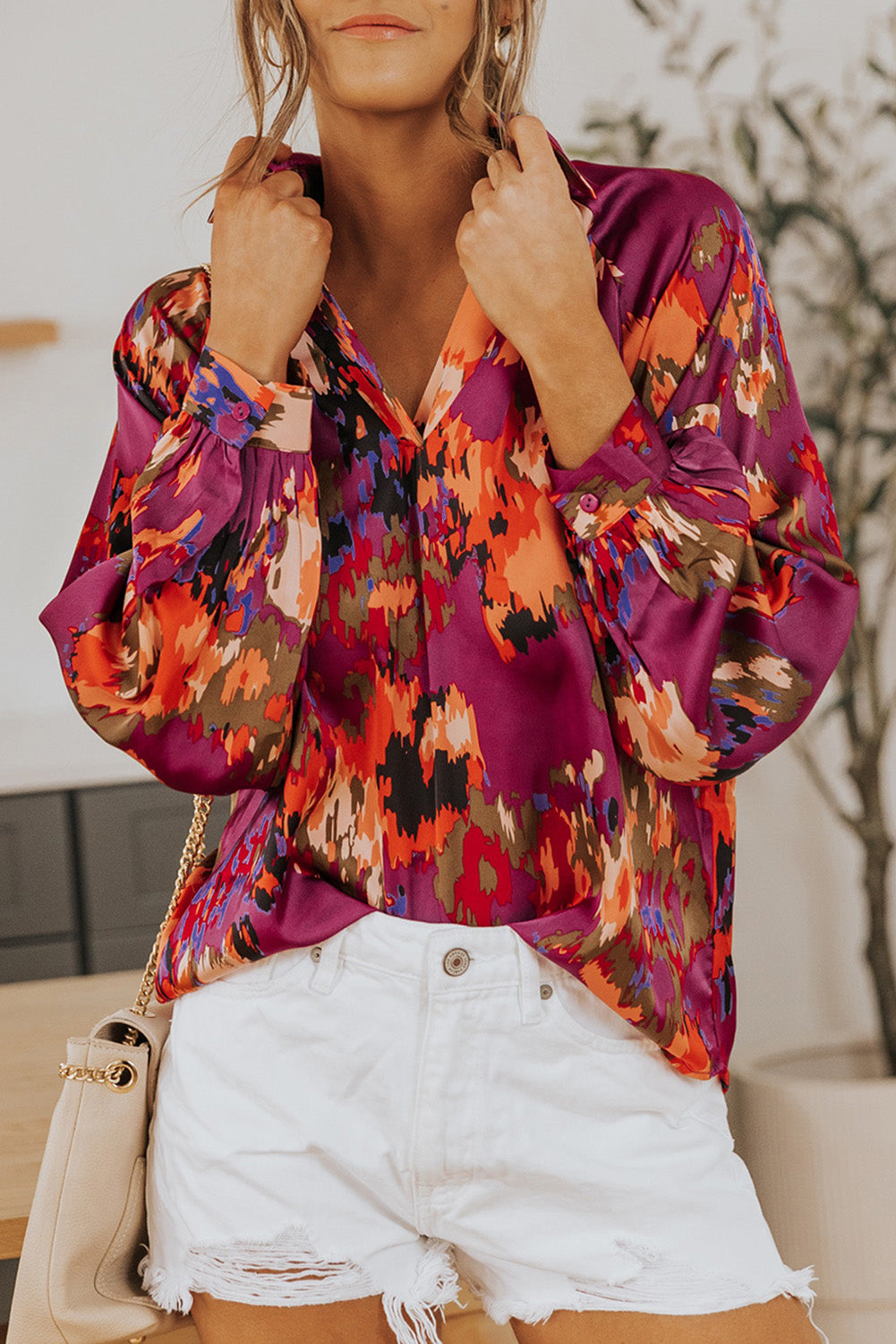 Graffiti Printed V Neck Puff Sleeve Blouse
