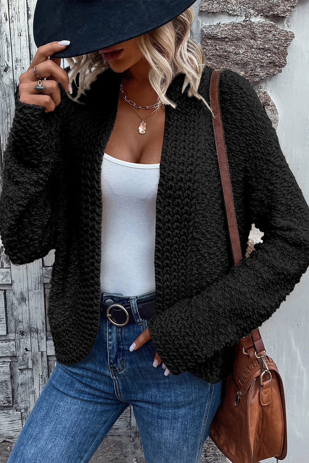 Fiery Red Popcorn Knit Open Front Cardigan