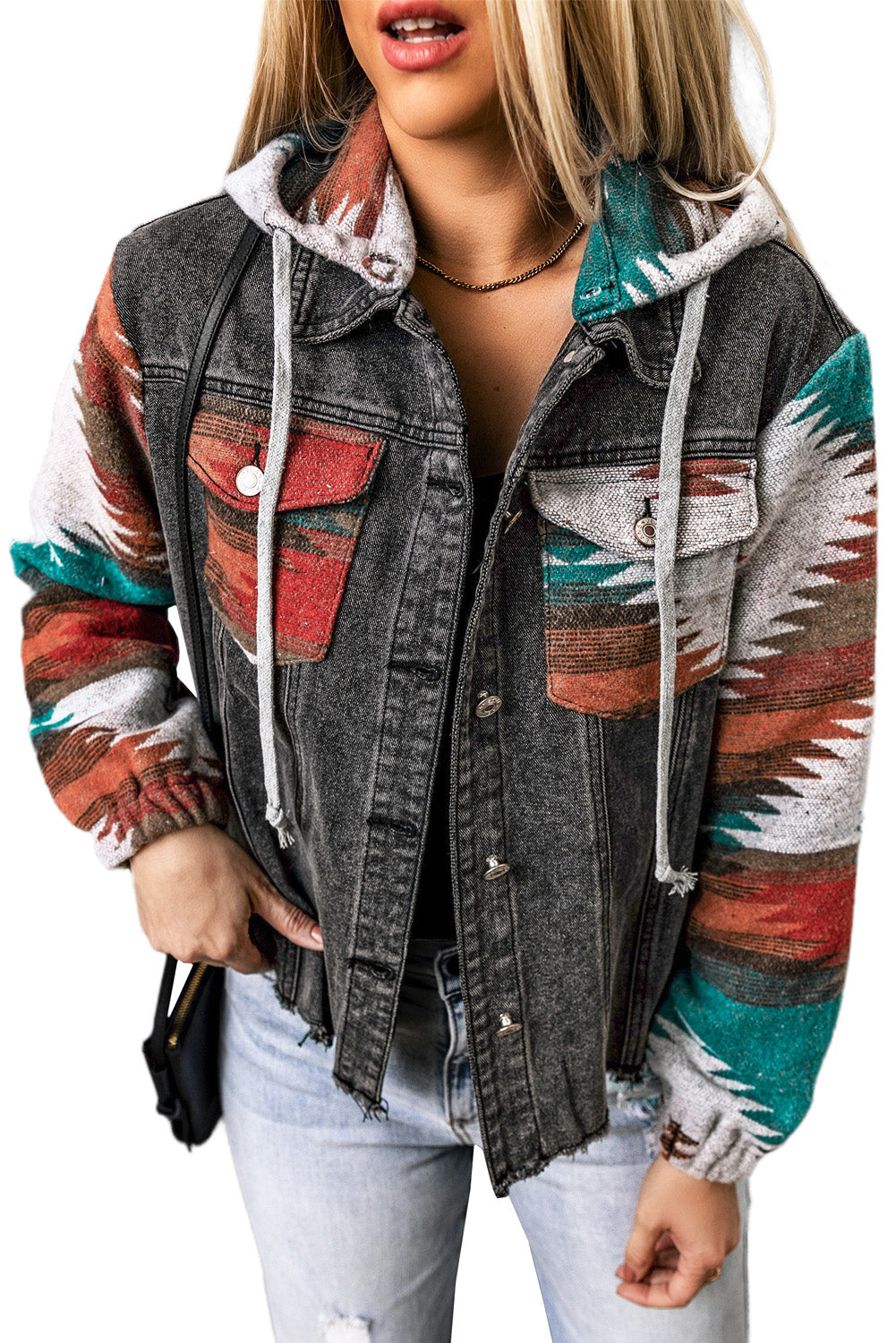 Multicolor Aztec Print Frayed Hem Denim Jacket