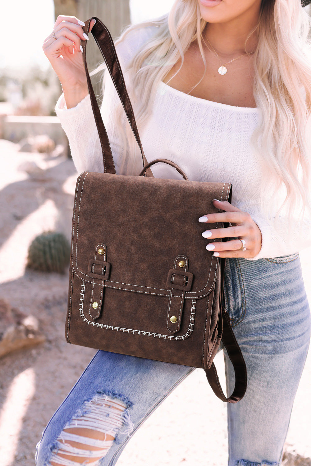Retro Frosted Multifunction Square Flap Backpack 26*14*31cm