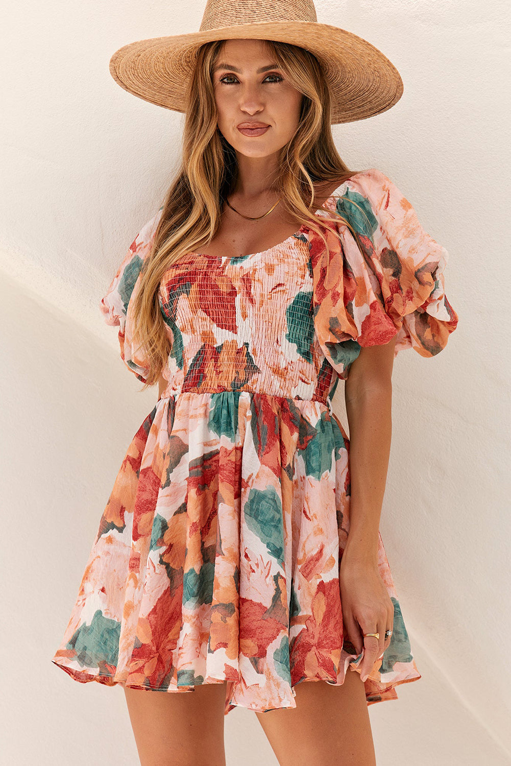 Multicolor Oil Painting Floral Print Smocked Ruffle Dress