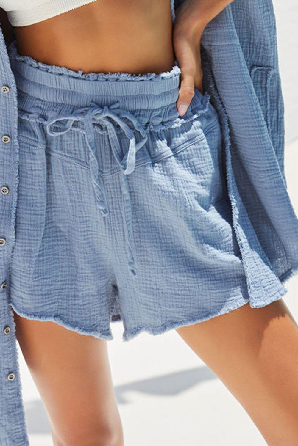 Rose Pink Crinkled Raw Edge Casual Shorts