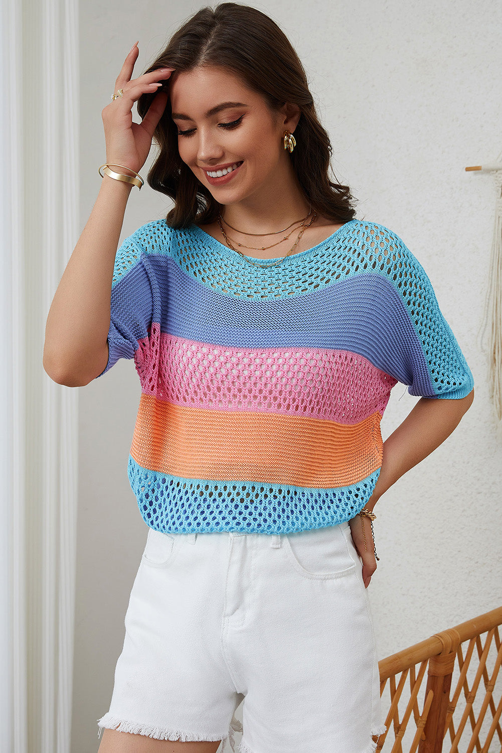 Pink Knitted Eyelet Colorblock Striped Half Sleeves Top